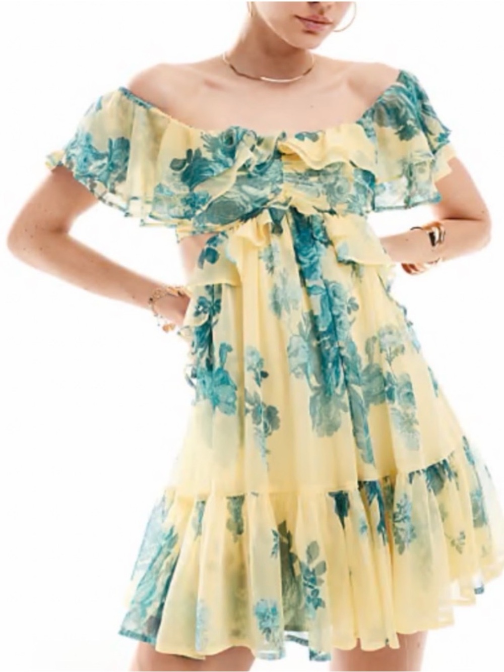 ASOS DESIGN Ruffle Cut Out Off Shoulder Yellow‎ Floral Mini Dress Sz 12 NWT!